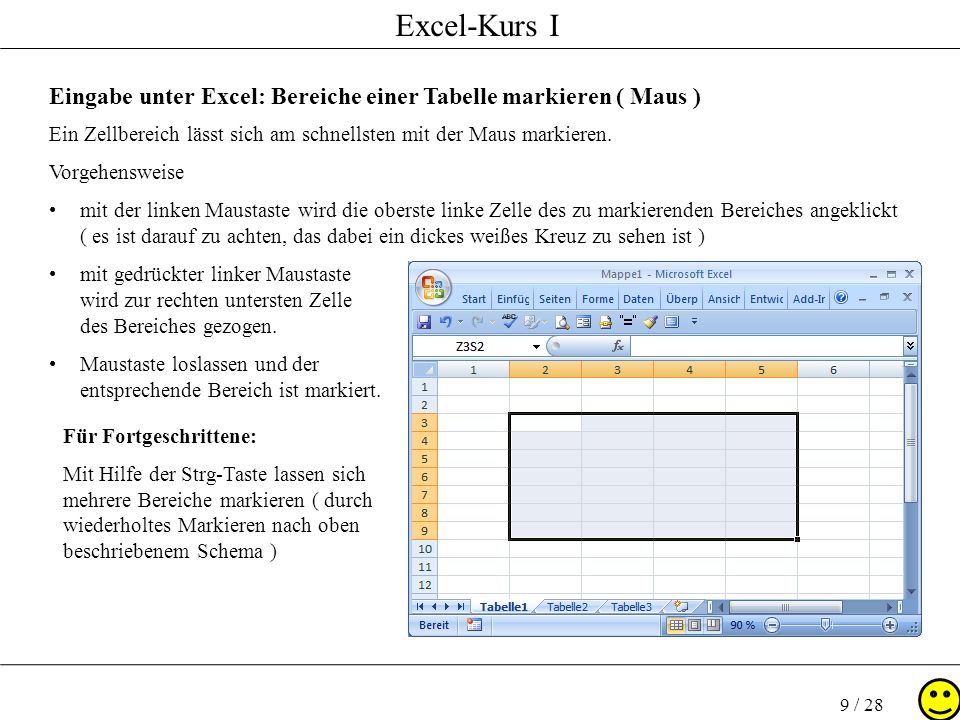 Eingabe unter Excel: Bereiche einer Tabelle markieren ( Maus )