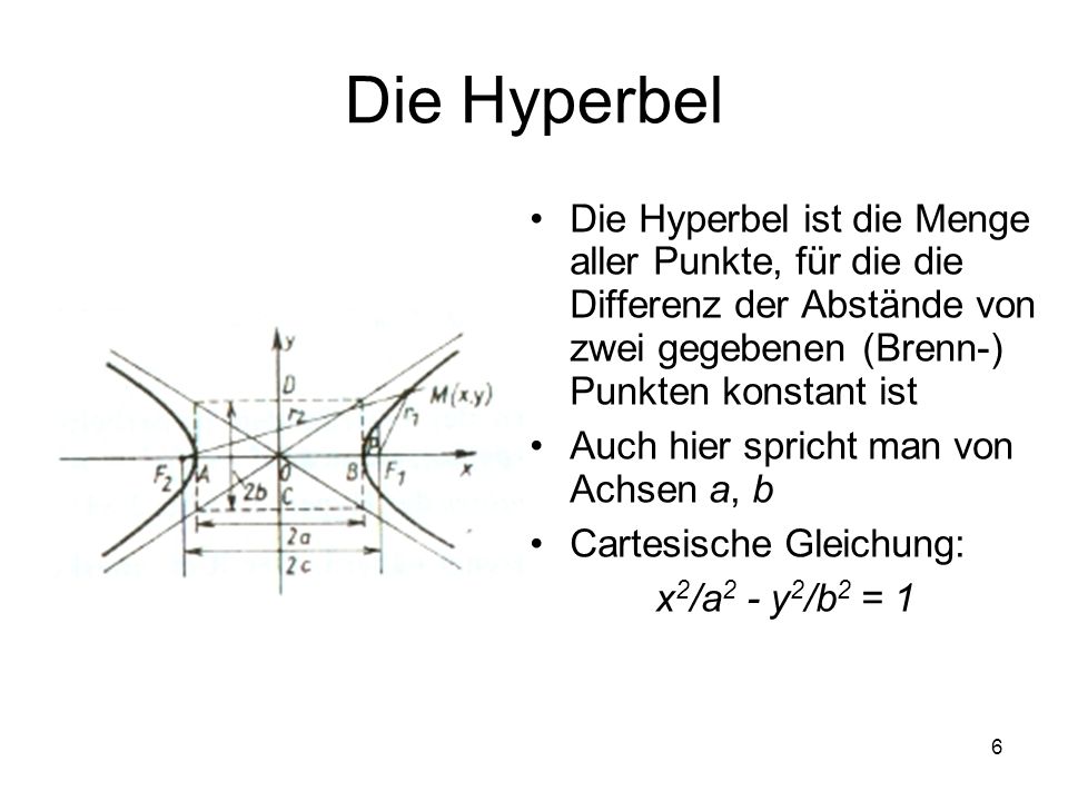 Die Hyperbel Die Hyperbel ist die Menge aller Punkte, für die die Differenz der Abstände von zwei gegebenen (Brenn-) Punkten konstant ist.