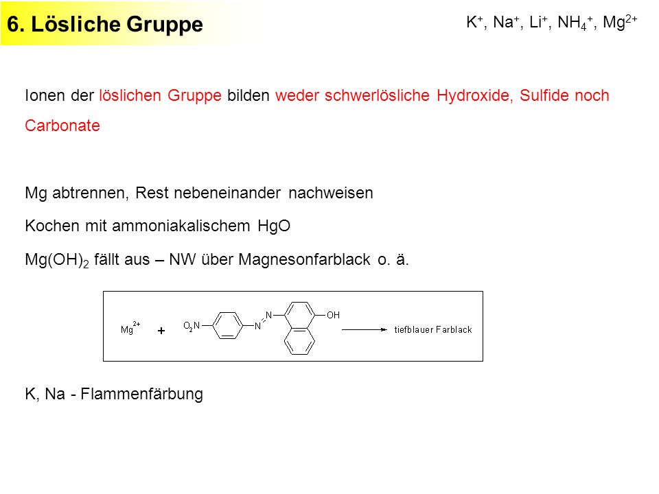 6. Lösliche Gruppe K+, Na+, Li+, NH4+, Mg2+