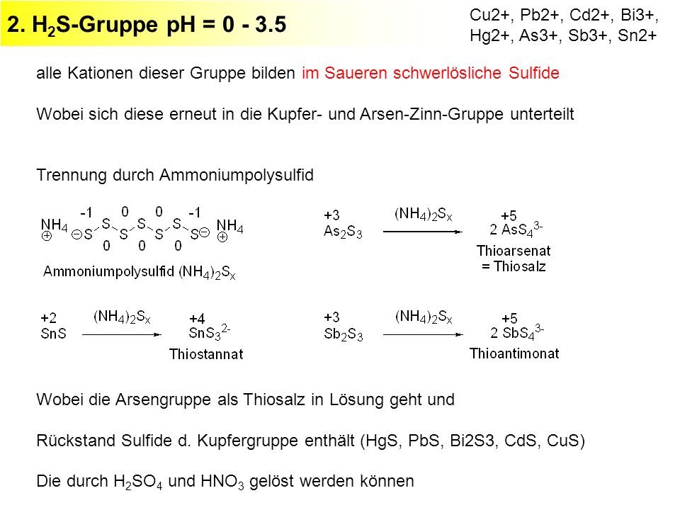 2. H2S-Gruppe pH = Cu2+, Pb2+, Cd2+, Bi3+, Hg2+, As3+, Sb3+, Sn2+ alle Kationen dieser Gruppe bilden im Saueren schwerlösliche Sulfide.