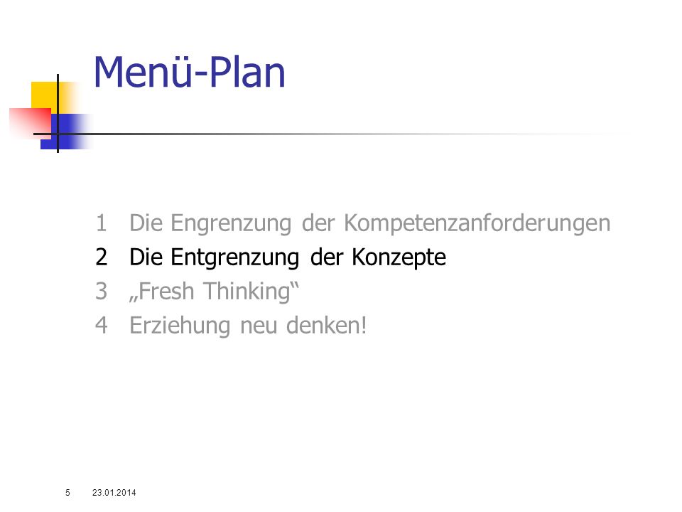 Menü-Plan 1 Die Engrenzung der Kompetenzanforderungen 2 Die Entgrenzung der Konzepte 3 „Fresh Thinking 4 Erziehung neu denken!
