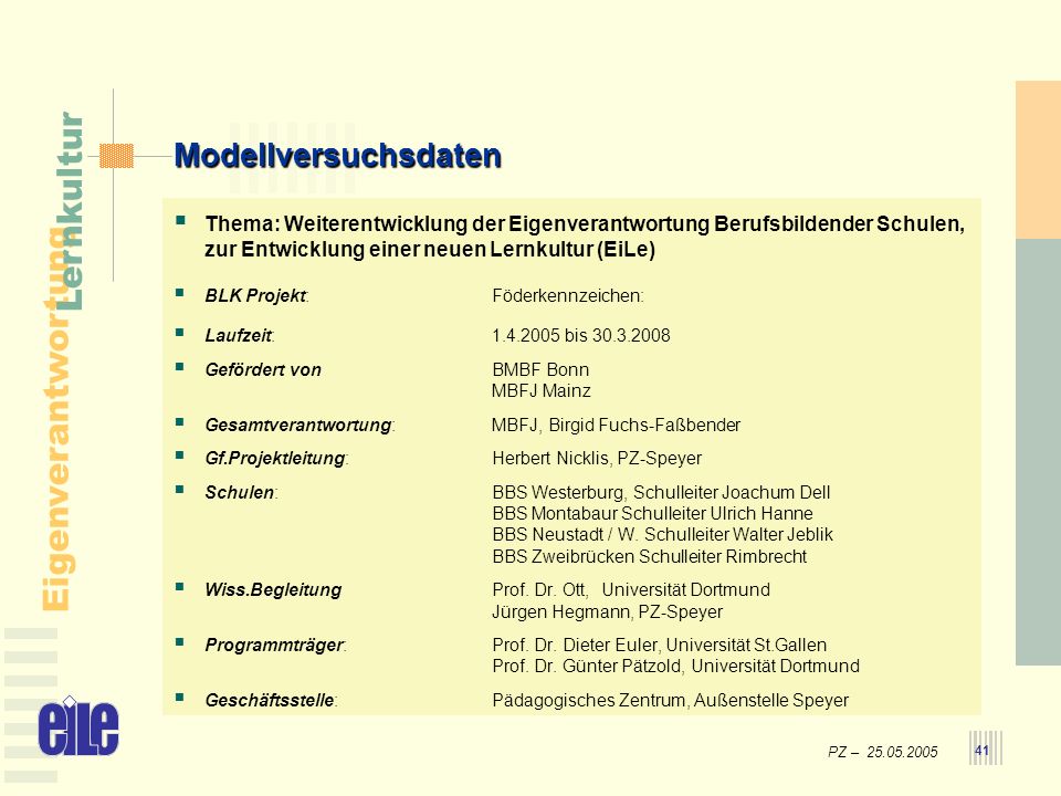 Modellversuchsdaten Thema: Weiterentwicklung der Eigenverantwortung Berufsbildender Schulen, zur Entwicklung einer neuen Lernkultur (EiLe)