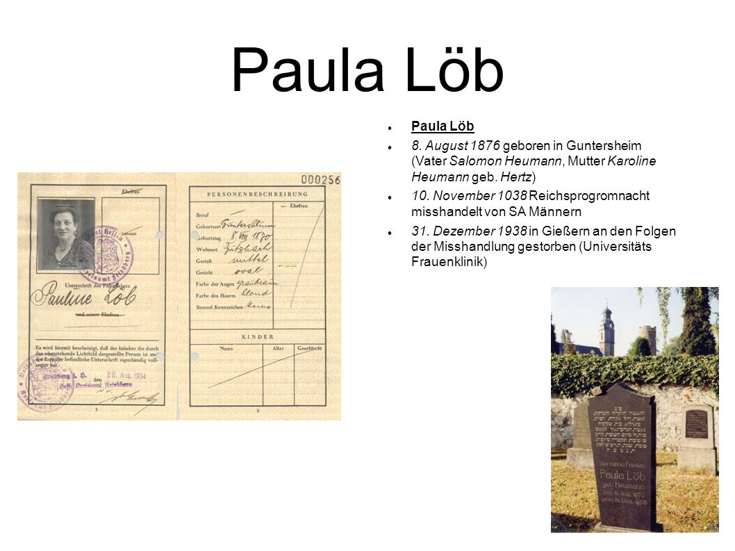 Paula Löb Paula Löb. 8. August 1876 geboren in Guntersheim (Vater Salomon Heumann, Mutter Karoline Heumann geb. Hertz)