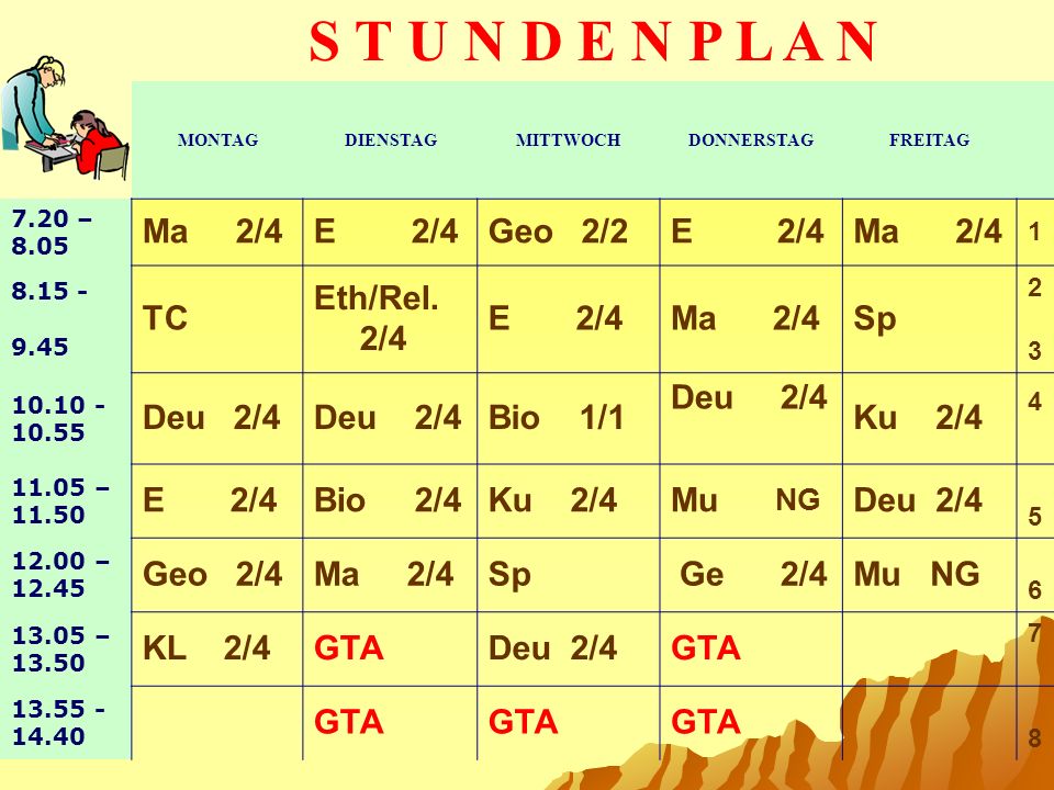 S T U N D E N P L A N Ma 2/4 E 2/4 Geo 2/2 E 2/4 Ma 2/4 TC Eth/Rel.