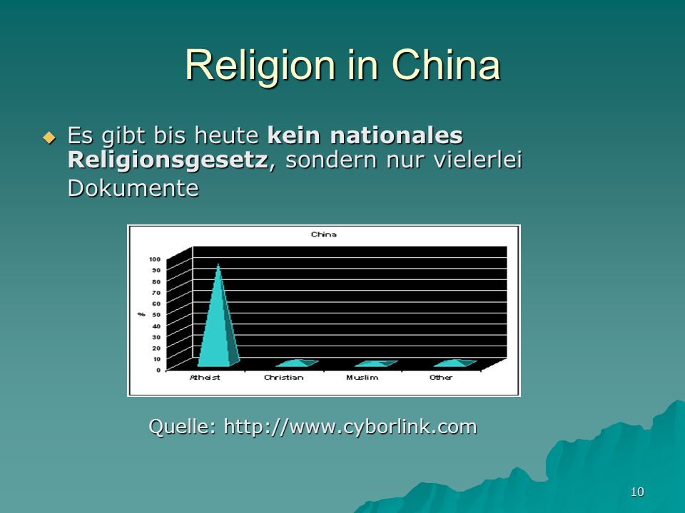 Religion in China Es gibt bis heute kein nationales Religionsgesetz, sondern nur vielerlei Dokumente.