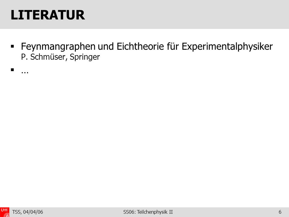 LITERATUR Feynmangraphen und Eichtheorie für Experimentalphysiker P. Schmüser, Springer. … TSS, 04/04/06.
