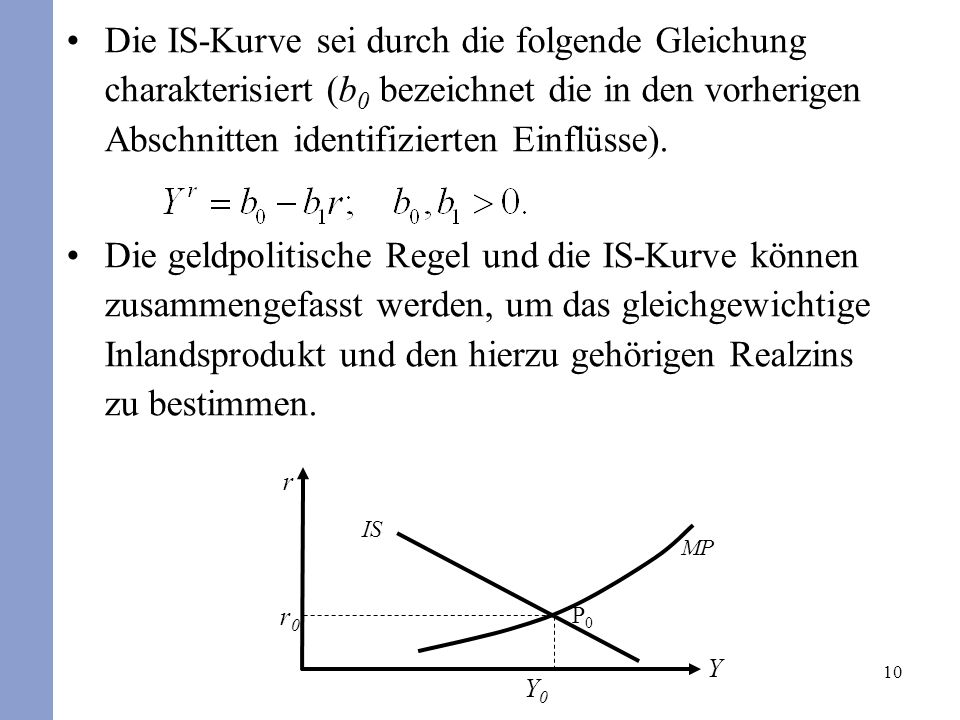 Die IS-Kurve sei durch die folgende Gleichung charakterisiert (b0 bezeichnet die in den vorherigen Abschnitten identifizierten Einflüsse).