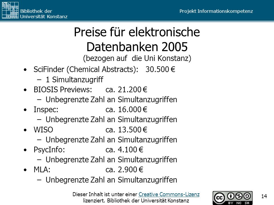 Preise für elektronische Datenbanken 2005 (bezogen auf die Uni Konstanz)