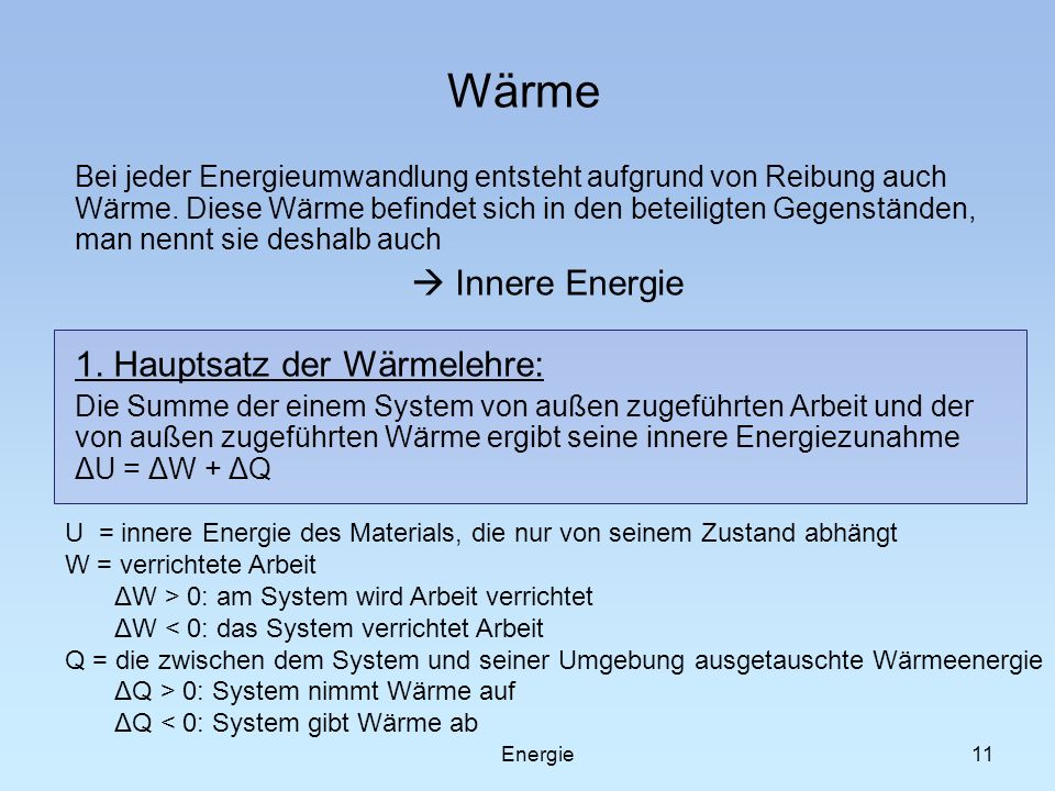 Wärme  Innere Energie 1. Hauptsatz der Wärmelehre: