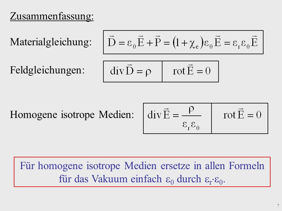 Zusammenfassung: Materialgleichung: Feldgleichungen: Für homogene isotrope Medien ersetze in allen Formeln für das Vakuum einfach 0 durch r0.