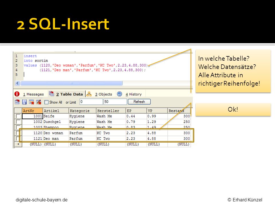2 SQL-Insert In welche Tabelle Welche Datensätze