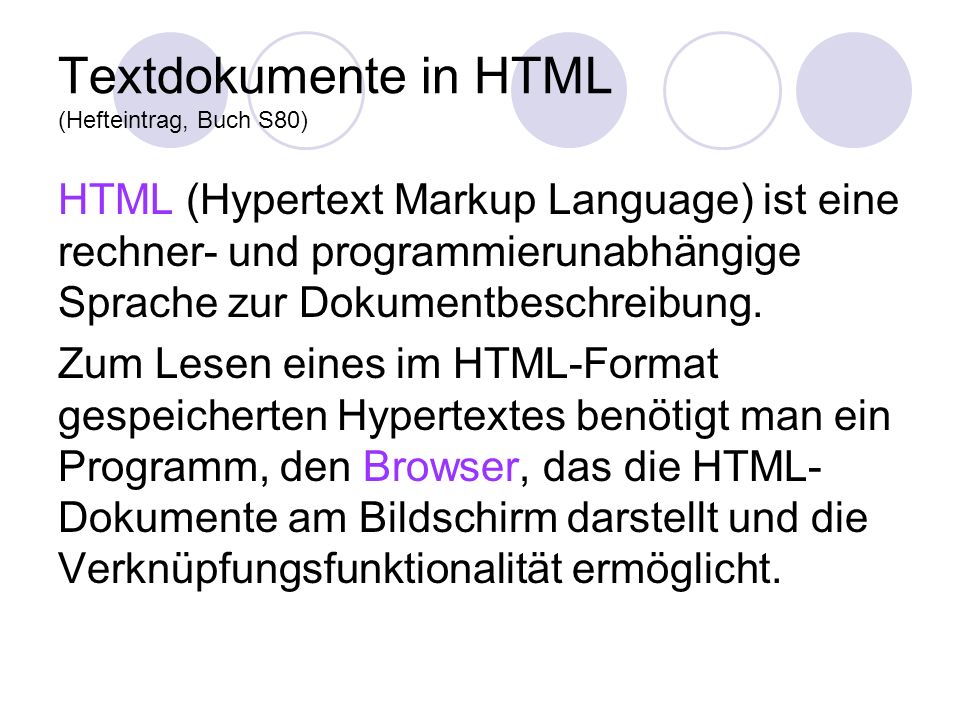 Textdokumente in HTML (Hefteintrag, Buch S80)
