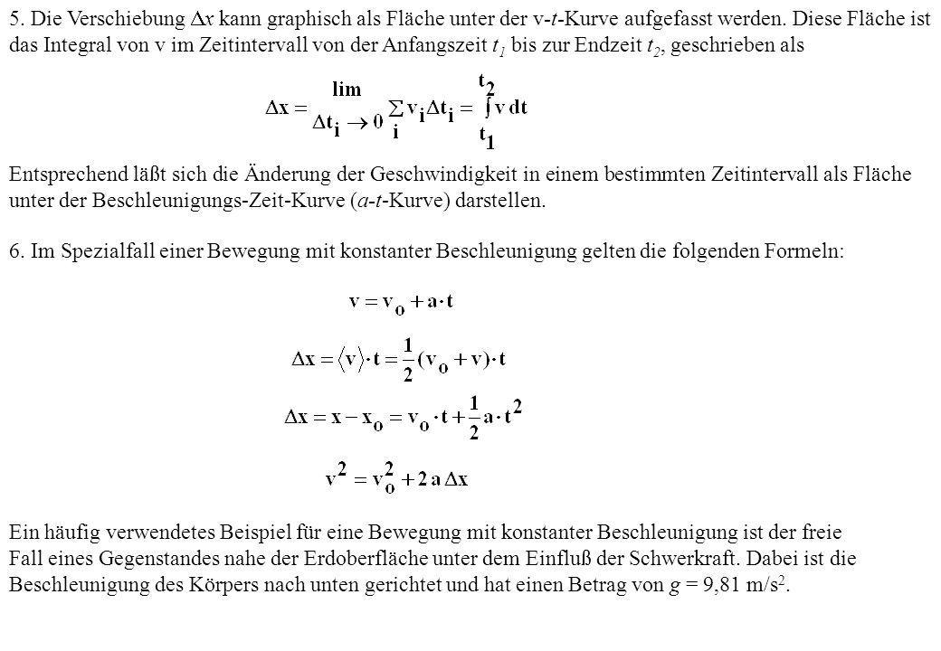 5. Die Verschiebung x kann graphisch als Fläche unter der v-t-Kurve aufgefasst werden. Diese Fläche ist das Integral von v im Zeitintervall von der Anfangszeit t1 bis zur Endzeit t2, geschrieben als