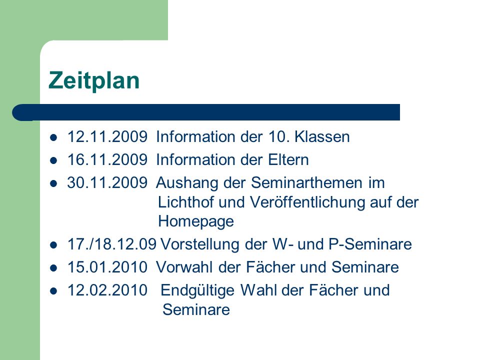 Zeitplan Information der 10. Klassen