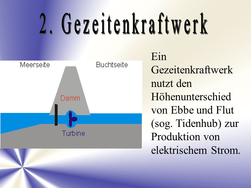 2. Gezeitenkraftwerk Ein Gezeitenkraftwerk nutzt den Höhenunterschied von Ebbe und Flut (sog.
