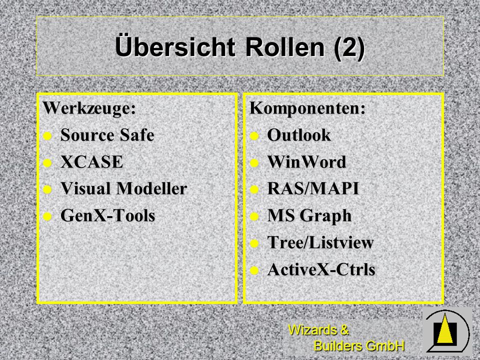 Übersicht Rollen (2) Werkzeuge: Source Safe XCASE Visual Modeller