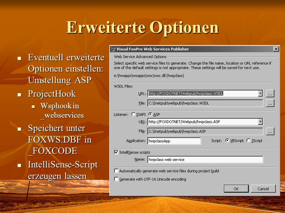Erweiterte Optionen Eventuell erweiterte Optionen einstellen: Umstellung ASP. ProjectHook. Wsphook in _webservices.