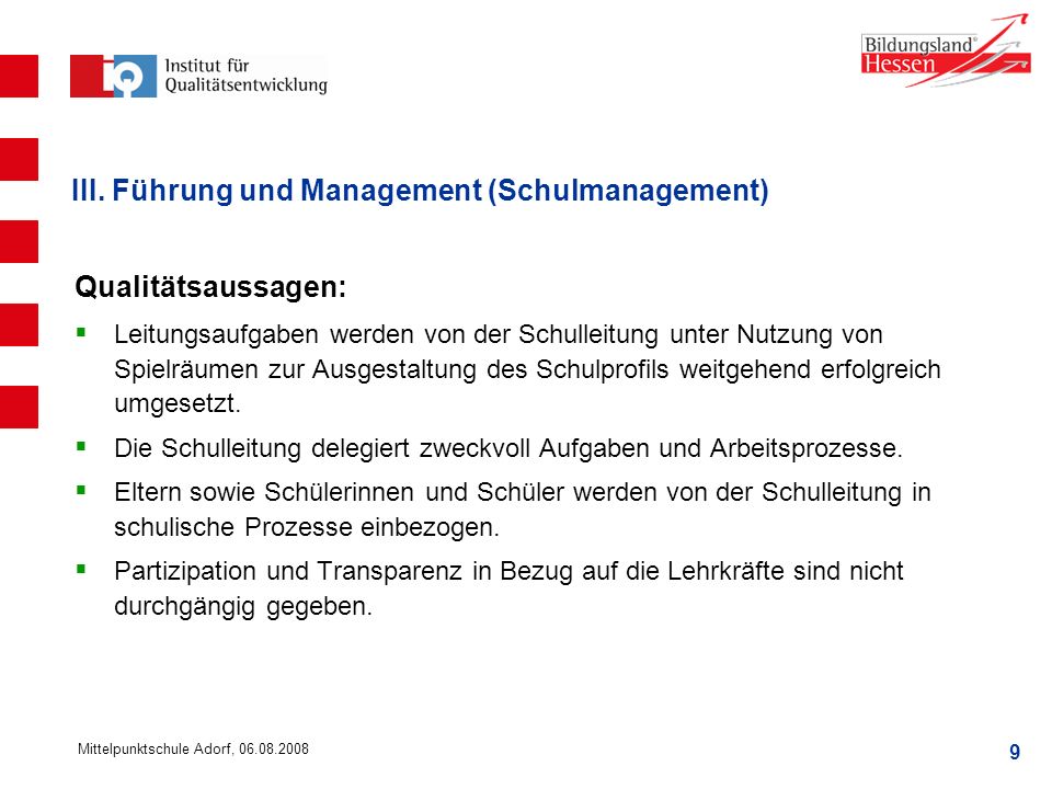 III. Führung und Management (Schulmanagement)