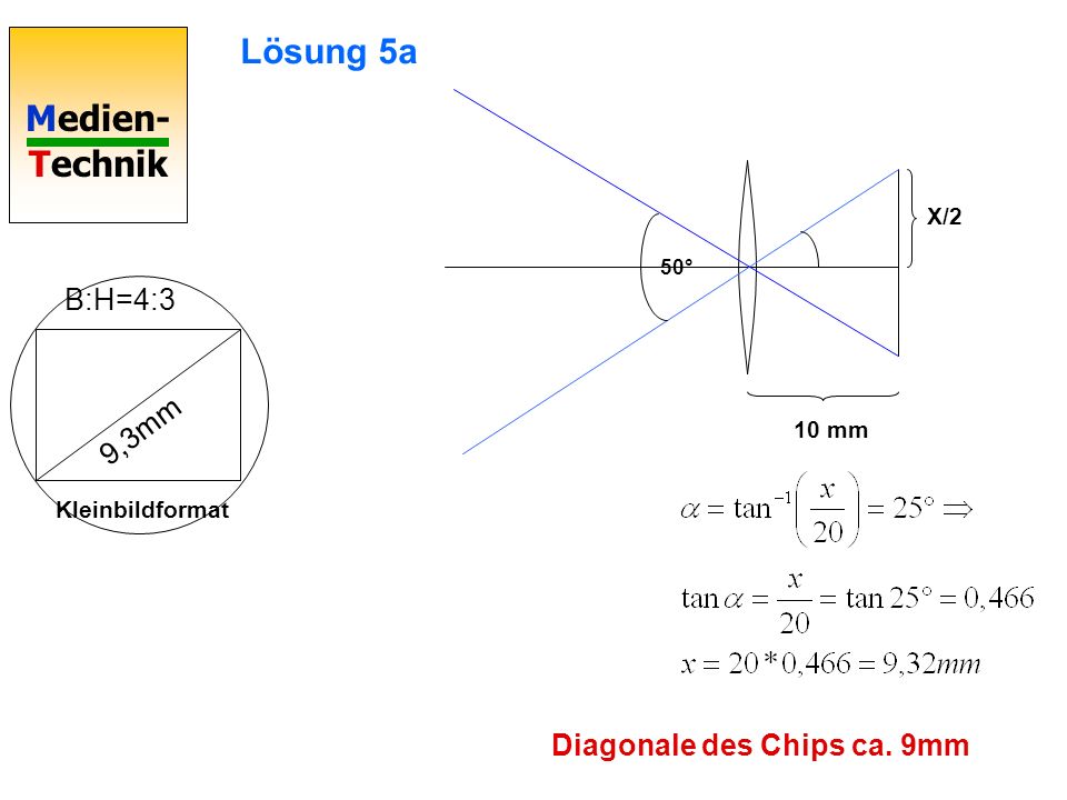 Lösung 5a B:H=4:3 9,3mm Diagonale des Chips ca. 9mm X/2 10 mm
