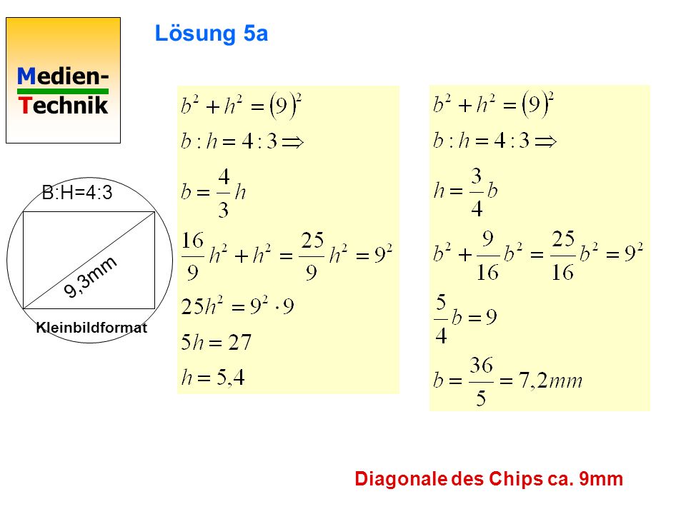 Lösung 5a B:H=4:3 9,3mm Kleinbildformat Diagonale des Chips ca. 9mm