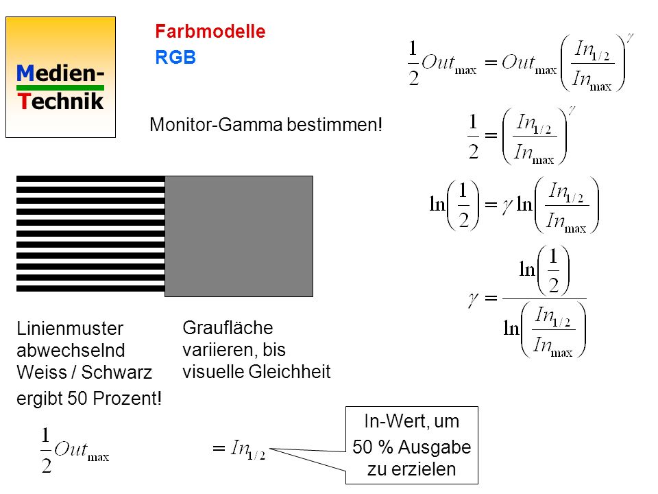 Farbmodelle RGB. Monitor-Gamma bestimmen! Linienmuster abwechselnd Weiss / Schwarz. ergibt 50 Prozent!