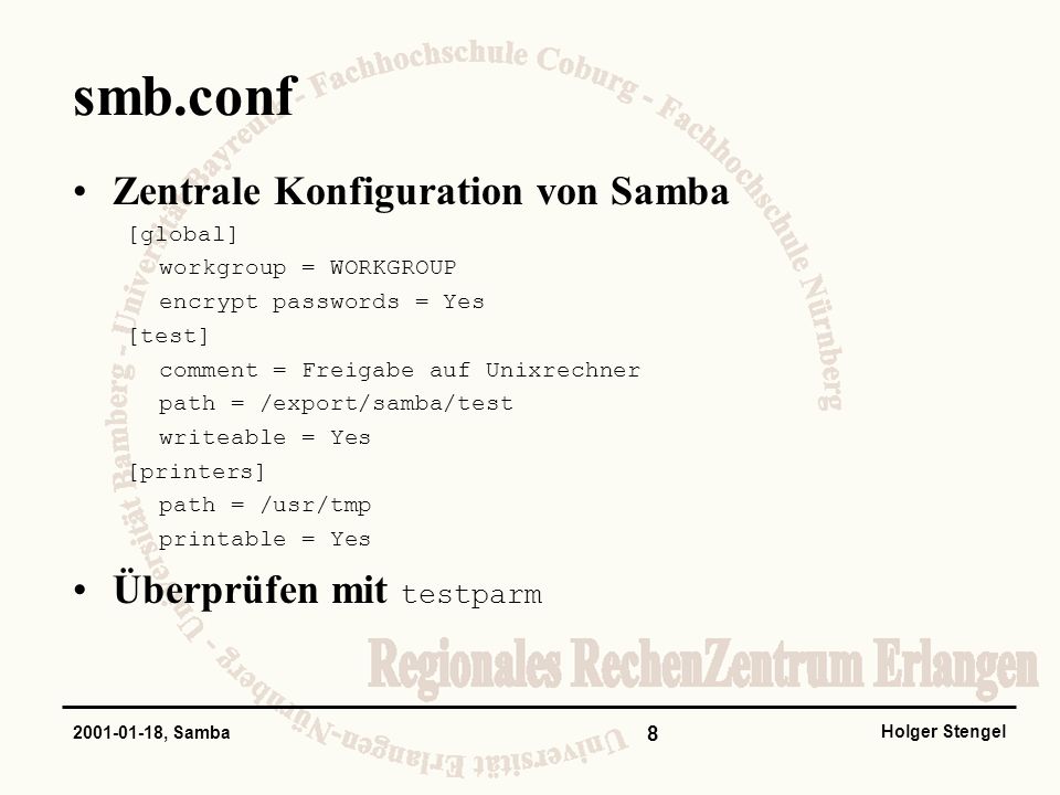 smb.conf Zentrale Konfiguration von Samba Überprüfen mit testparm