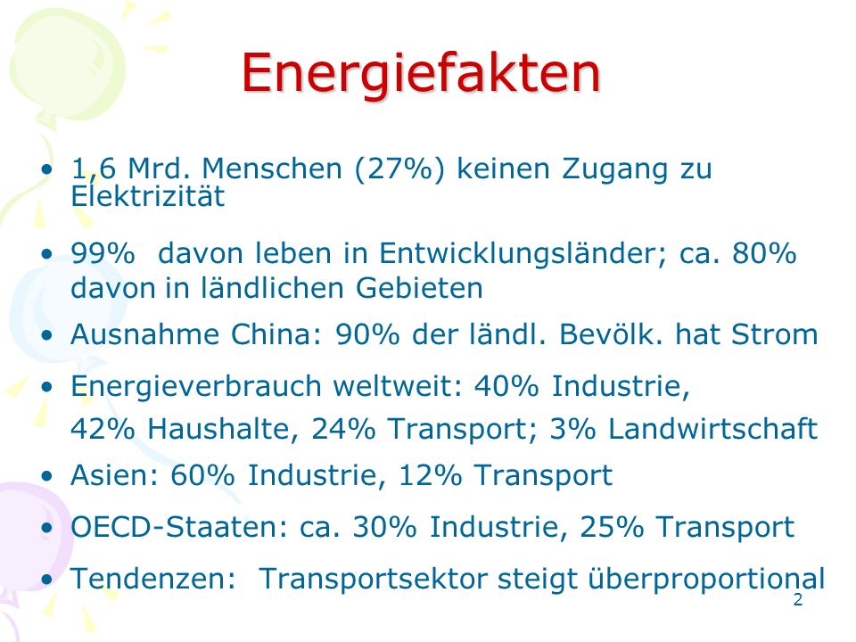 Energiefakten 1,6 Mrd. Menschen (27%) keinen Zugang zu Elektrizität