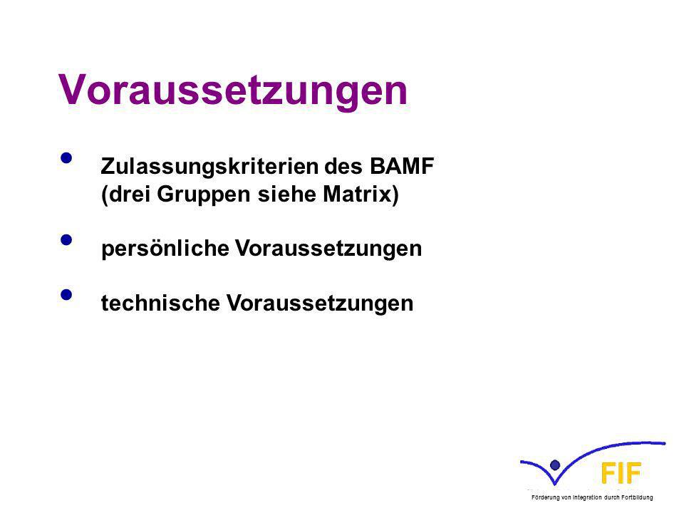 Voraussetzungen Zulassungskriterien des BAMF (drei Gruppen siehe Matrix) persönliche Voraussetzungen.