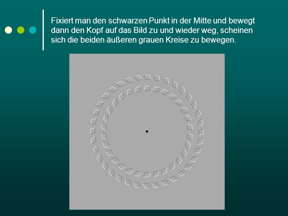 Fixiert man den schwarzen Punkt in der Mitte und bewegt dann den Kopf auf das Bild zu und wieder weg, scheinen sich die beiden äußeren grauen Kreise zu bewegen.