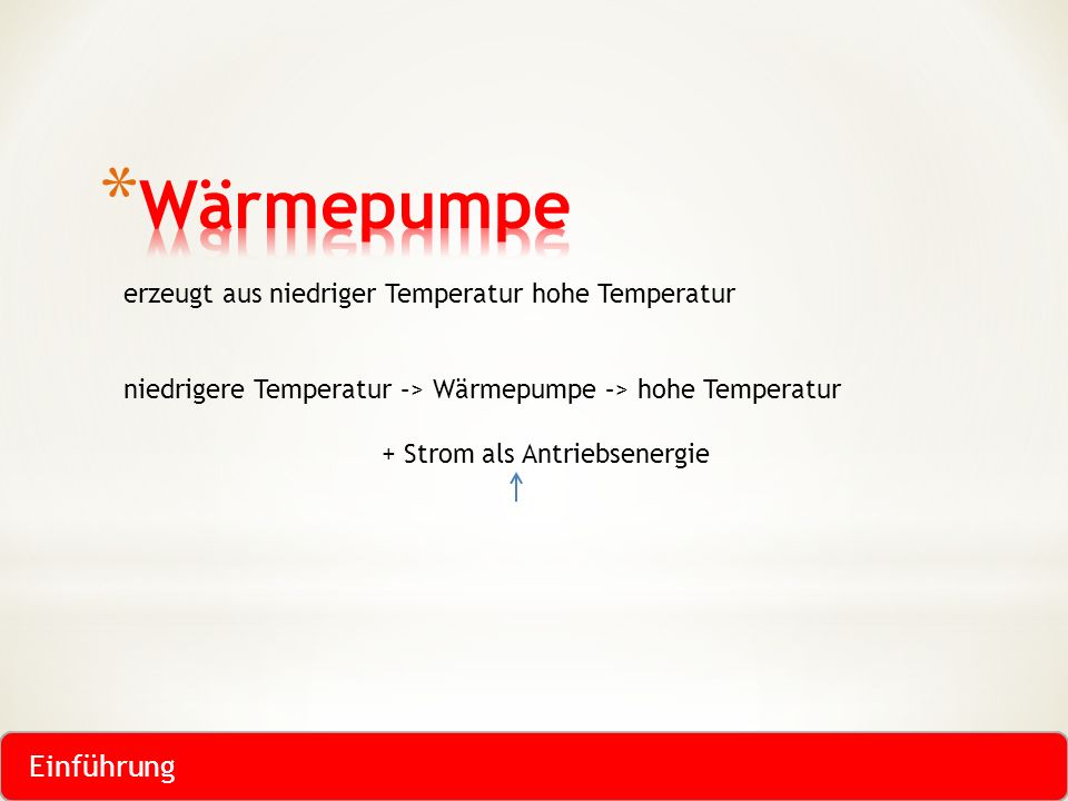 Wärmepumpe Einführung erzeugt aus niedriger Temperatur hohe Temperatur