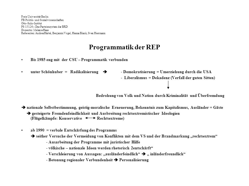 Programmatik der REP Bis 1985 eng mit der CSU – Programmatik verbunden