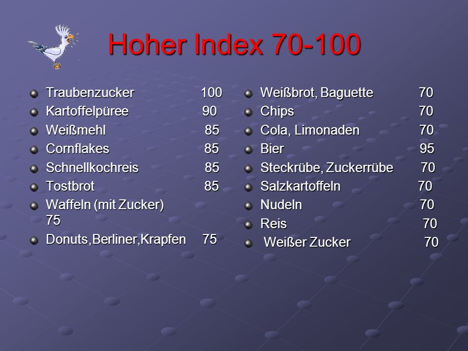 Hoher Index Traubenzucker 100 Kartoffelpüree 90 Weißmehl 85