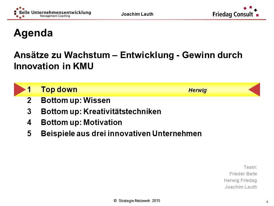 Agenda Ansätze zu Wachstum – Entwicklung - Gewinn durch Innovation in KMU. Top down Herwig. Bottom up: Wissen.