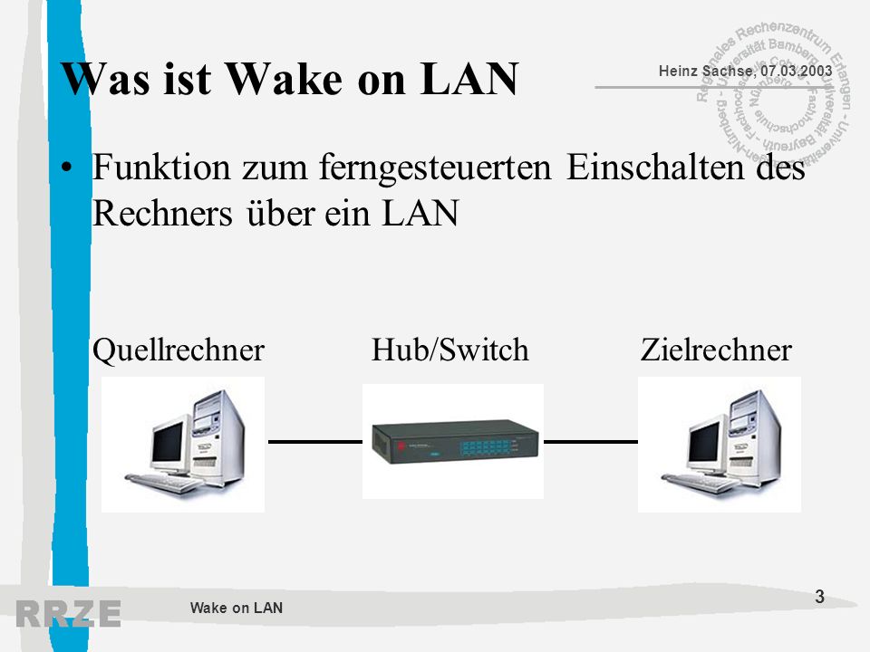 Was ist Wake on LAN Funktion zum ferngesteuerten Einschalten des Rechners über ein LAN Quellrechner Hub/Switch Zielrechner.