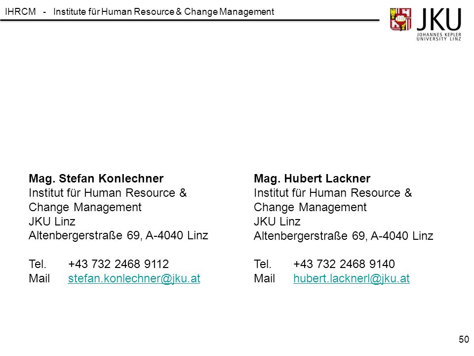 Mag. Stefan Konlechner Institut für Human Resource & Change Management. JKU Linz. Altenbergerstraße 69, A-4040 Linz.
