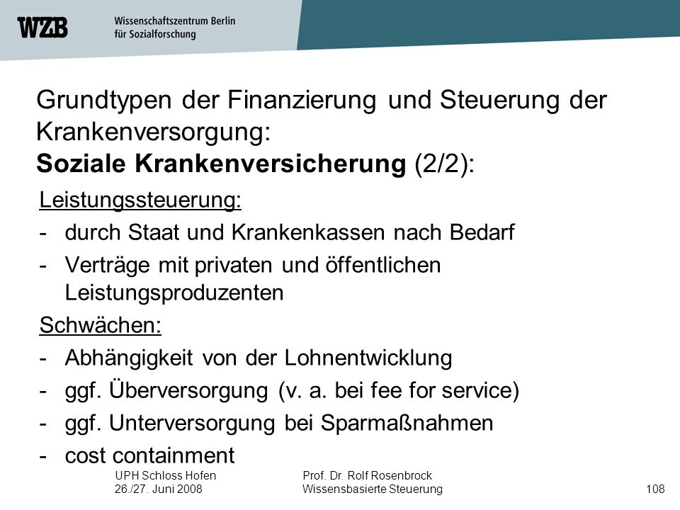 Grundtypen der Finanzierung und Steuerung der Krankenversorgung: Soziale Krankenversicherung (2/2):