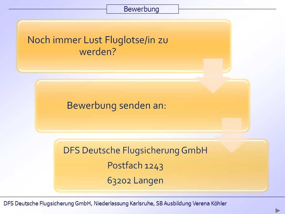 Bewerbung DFS Deutsche Flugsicherung GmbH, Niederlassung Karlsruhe, SB Ausbildung Verena Köhler