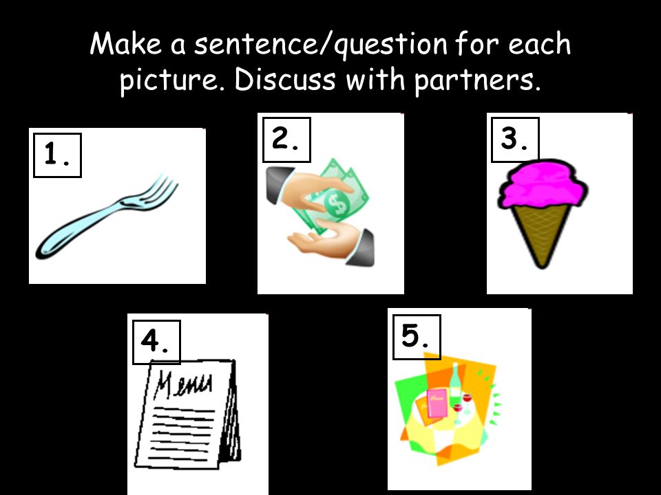 Make a sentence/question for each picture. Discuss with partners.