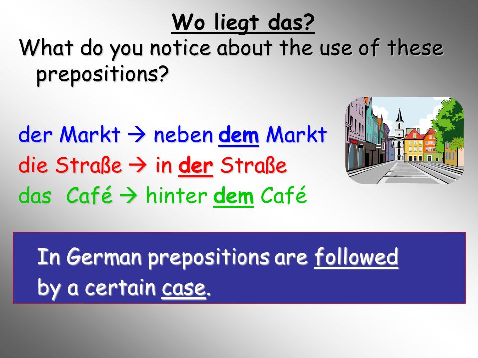 Wo liegt das What do you notice about the use of these prepositions der Markt  neben dem Markt.