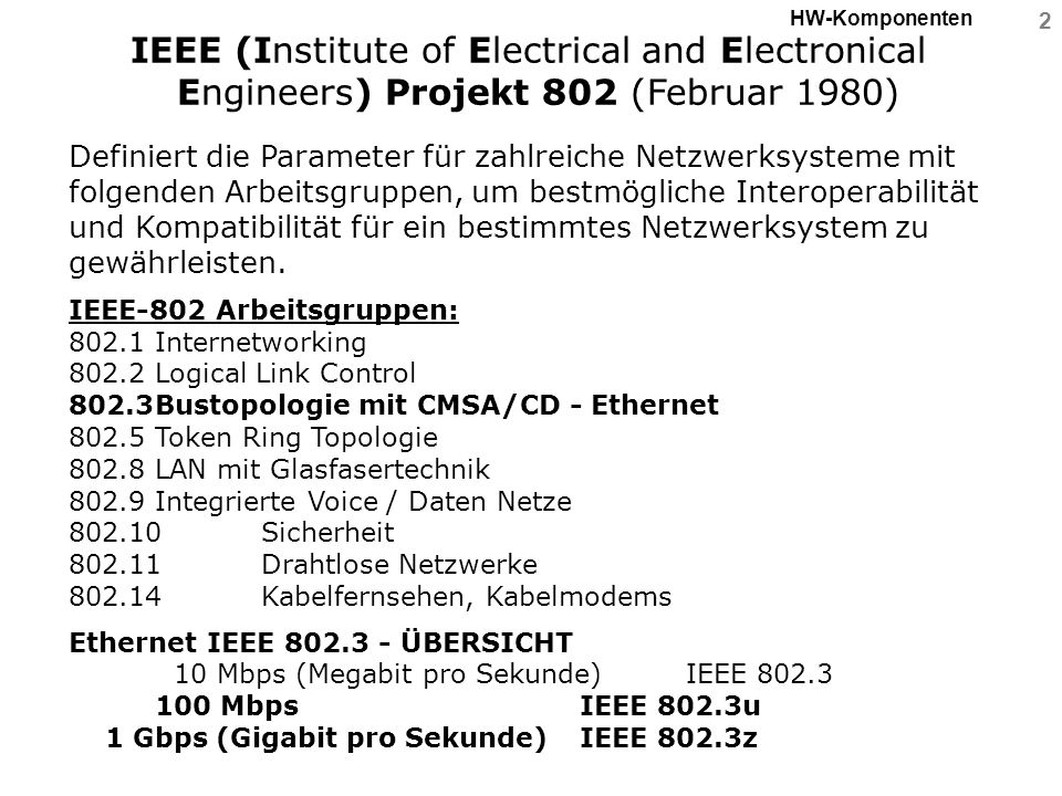 HW-Komponenten IEEE (Institute of Electrical and Electronical Engineers) Projekt 802 (Februar 1980)