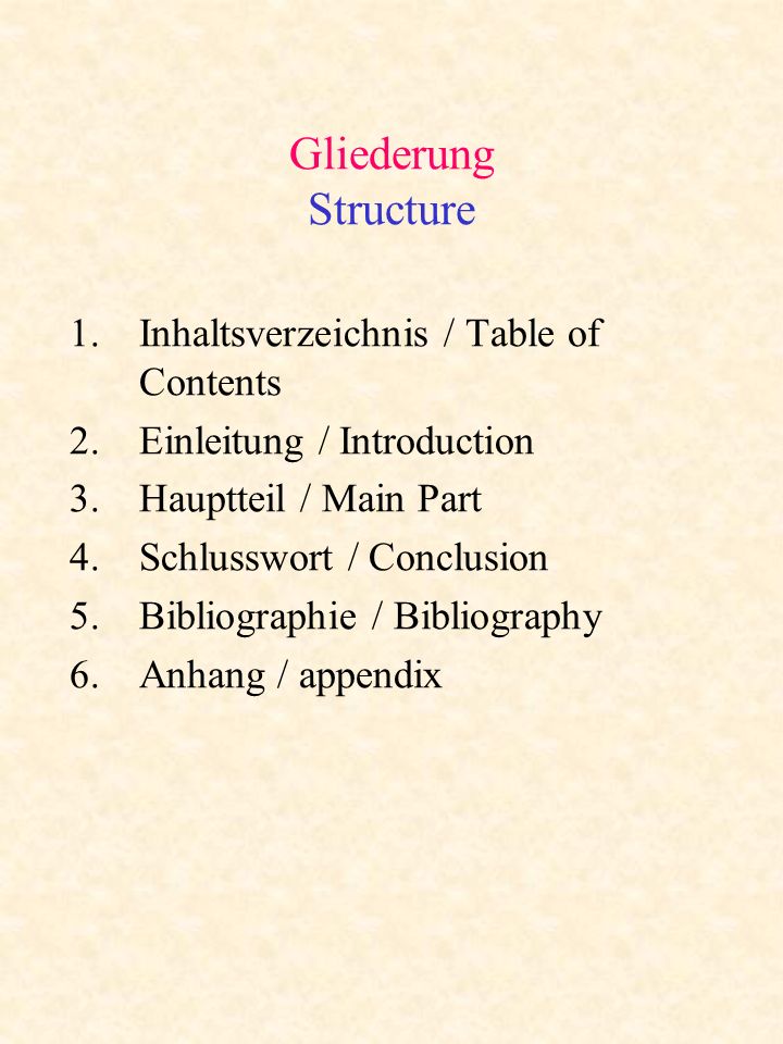 Gliederung Structure Inhaltsverzeichnis / Table of Contents