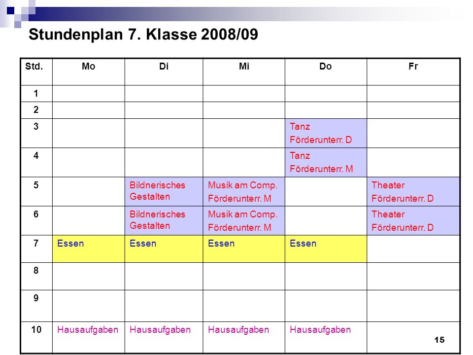 Stundenplan 7. Klasse 2008/09 Std. Mo Di Mi Do Fr Tanz