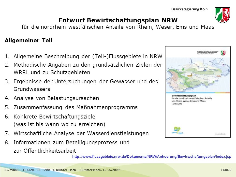 Entwurf Bewirtschaftungsplan NRW für die nordrhein-westfälischen Anteile von Rhein, Weser, Ems und Maas