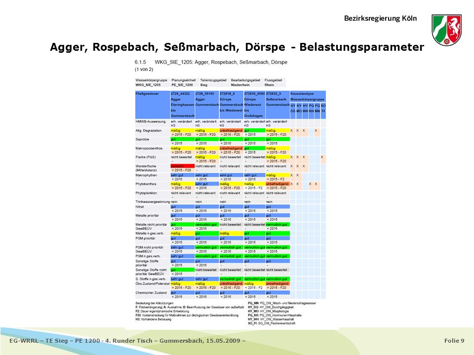 Agger, Rospebach, Seßmarbach, Dörspe - Belastungsparameter