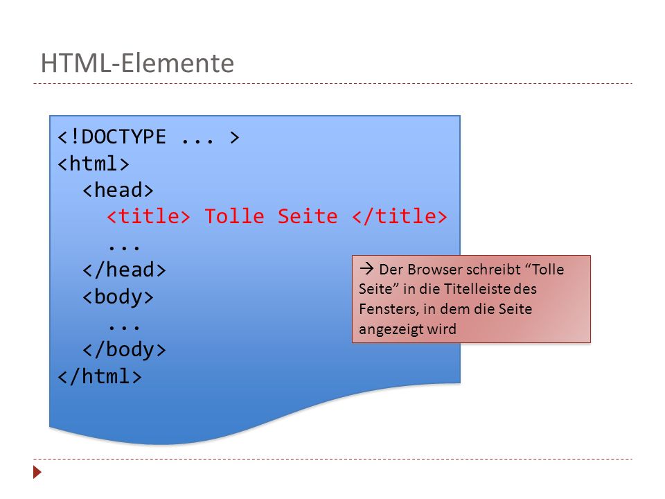 HTML-Elemente <!DOCTYPE ... > <html> <head>