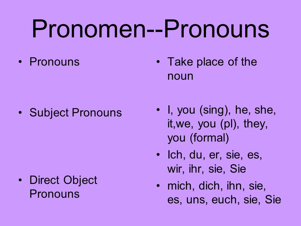 Pronomen--Pronouns Pronouns Subject Pronouns Direct Object Pronouns