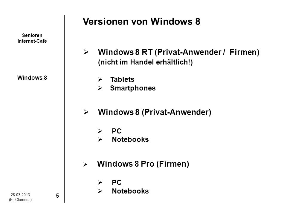 Versionen von Windows 8 Windows 8 RT (Privat-Anwender / Firmen)