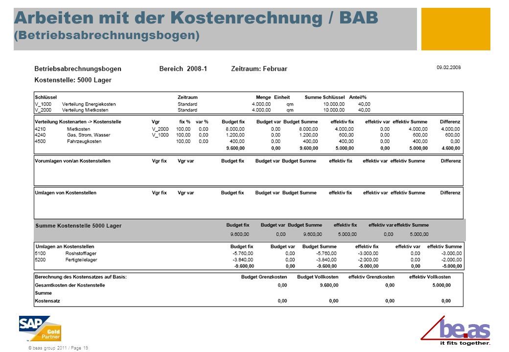 Arbeiten mit der Kostenrechnung / BAB (Betriebsabrechnungsbogen)