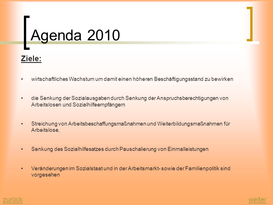 Agenda 2010 Ziele: zurück weiter