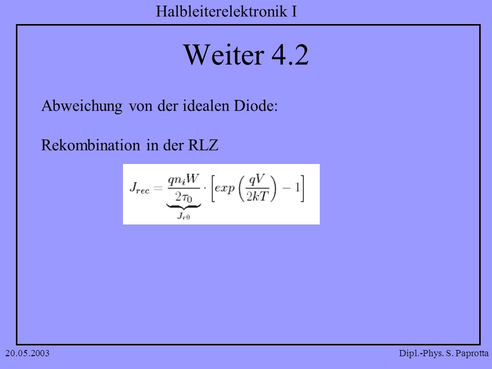 Weiter 4.2 Abweichung von der idealen Diode: Rekombination in der RLZ